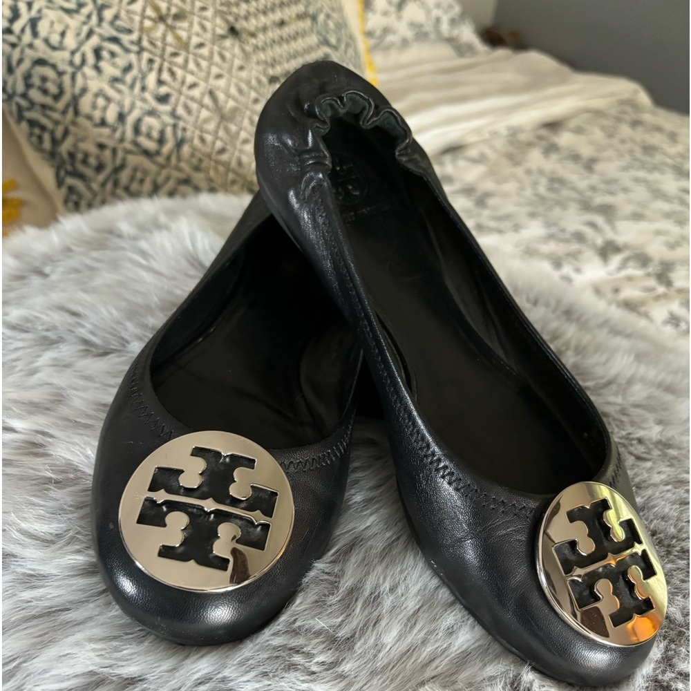 Tory Burch Black and silver Ballet Travel Leather Flats size 9
